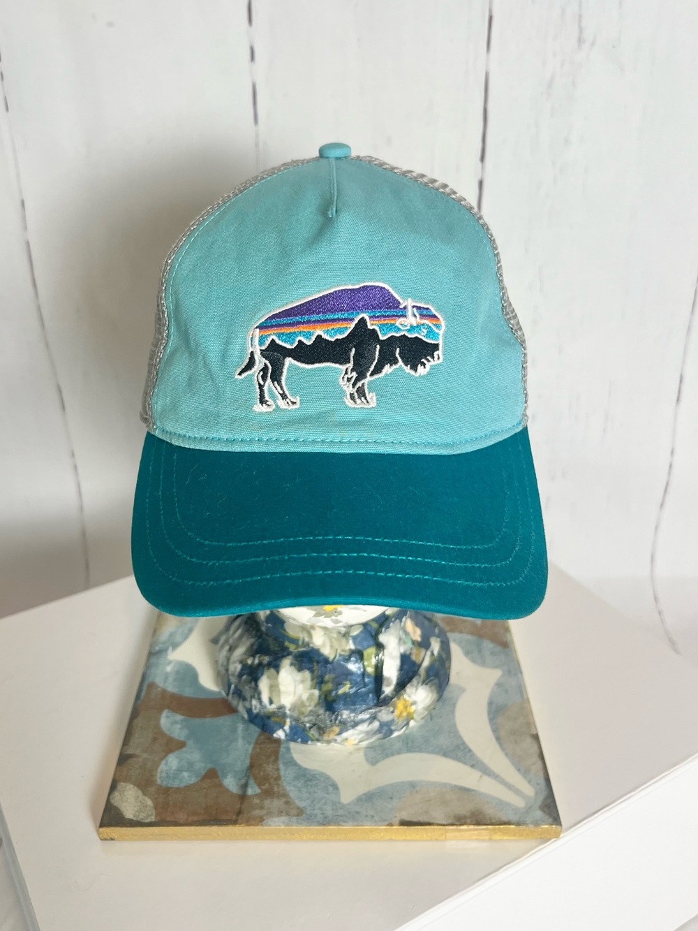Patagonia Fitz Roy Bison Trucker Hat Teal Mesh Snapback Buffalo Logo Cap